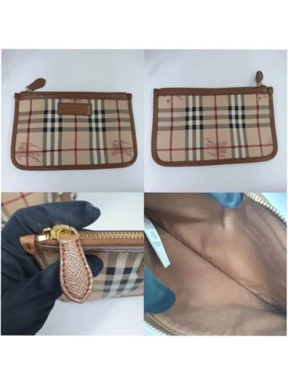 Authentic Burberry Haymarket Check Tote Bag Leather With Matching Zip Pouch